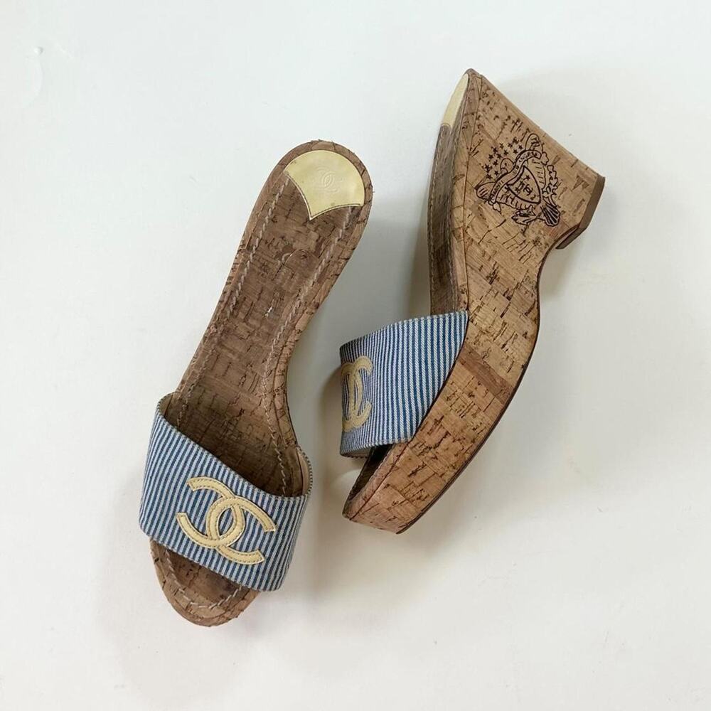 Y2k chanel cruise blue striped cork wedges